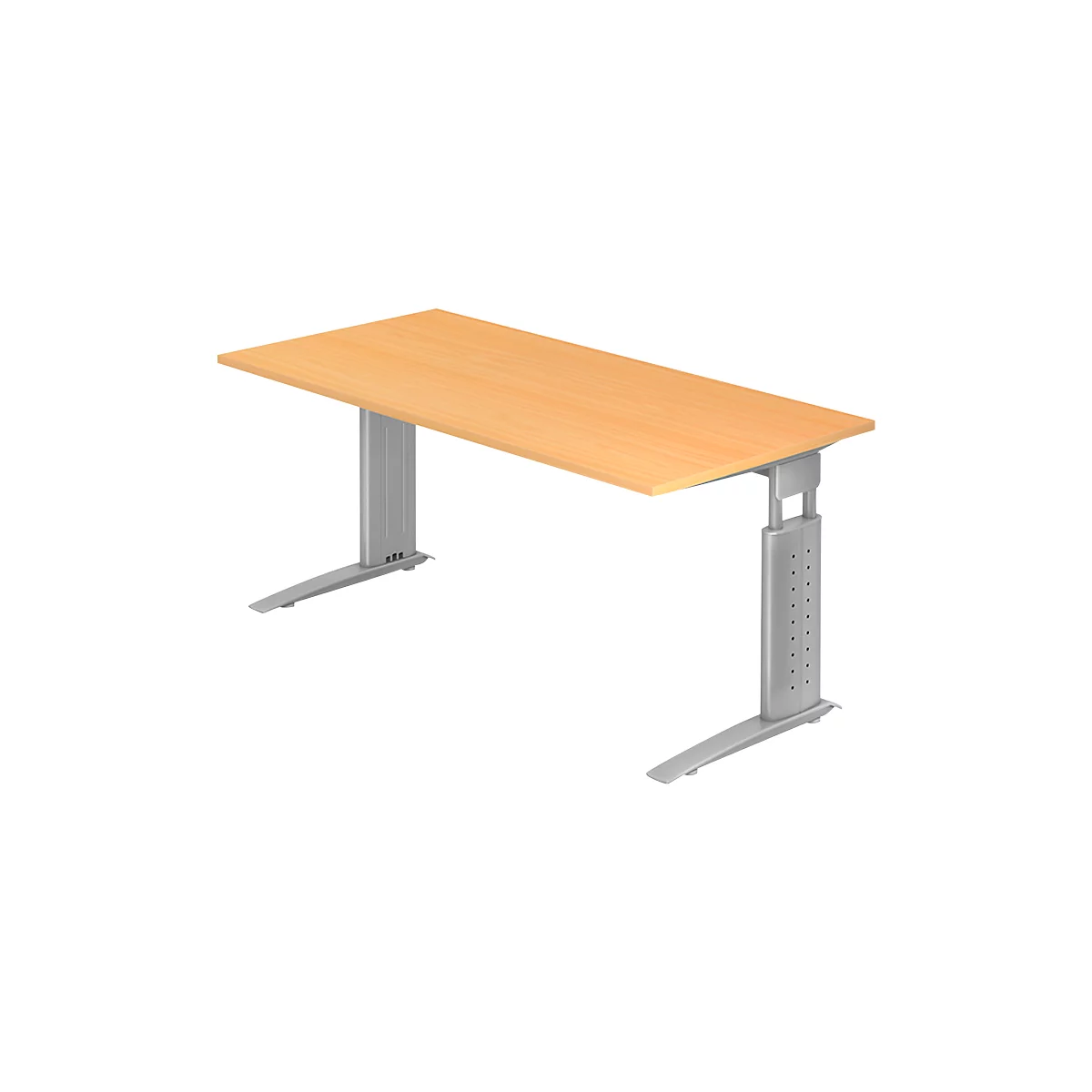 Bureau TARVIS, pieds en C, rectangulaire, l. 1600 mm, armature argentée, hauteur ajustable, coloris hêtre