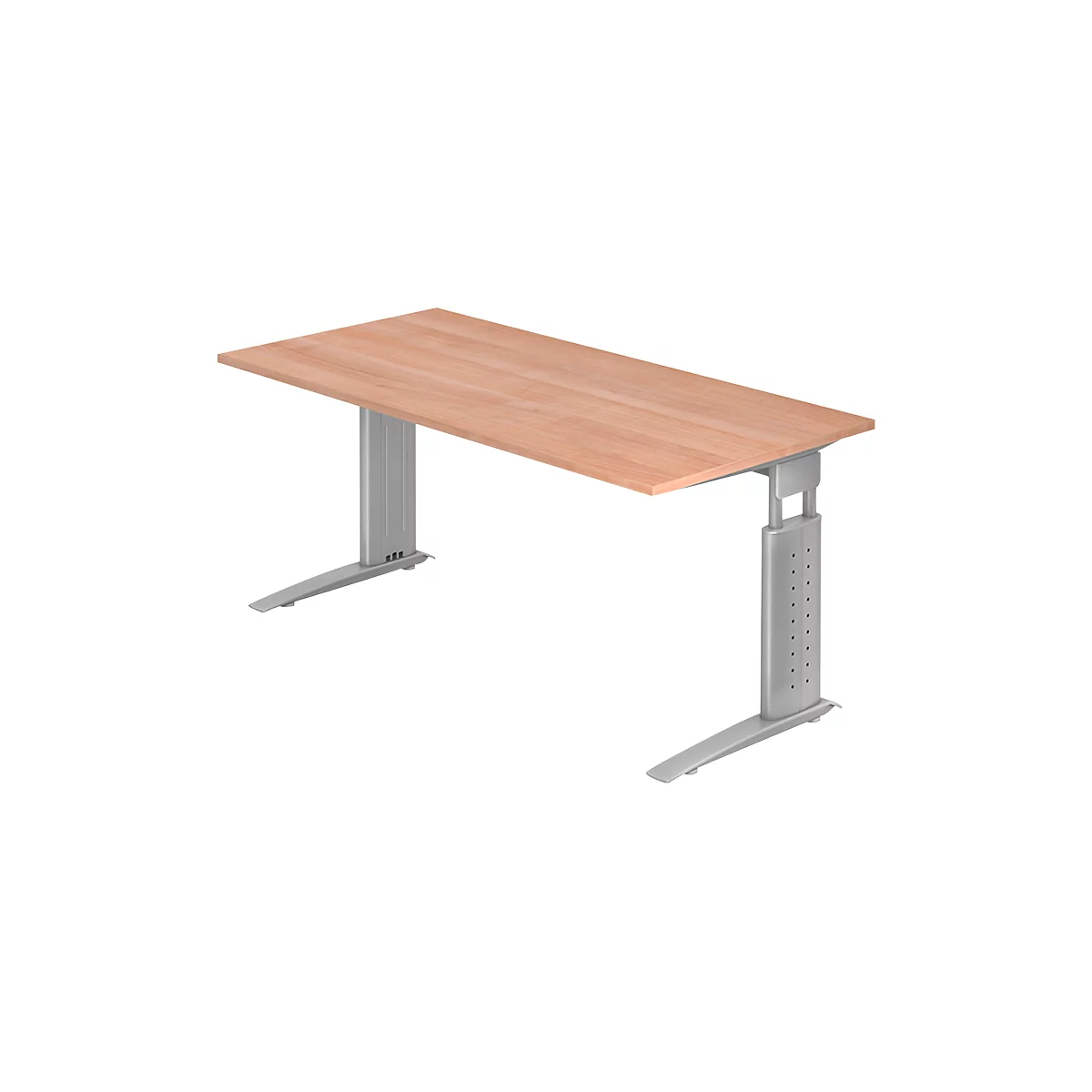 Bureau TARVIS, pieds en C, rectangulaire, l. 1600 mm, armature argentée, hauteur ajustable, coloris noyer