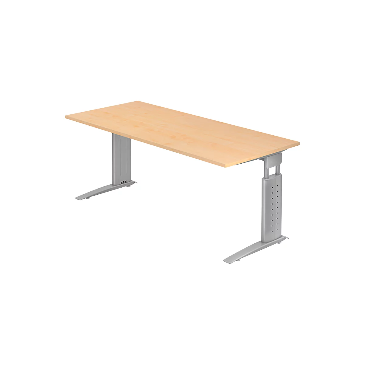 Bureau TARVIS, pieds en C, rectangulaire, l. 1800 mm, armature argentée, hauteur ajustable, coloris érable