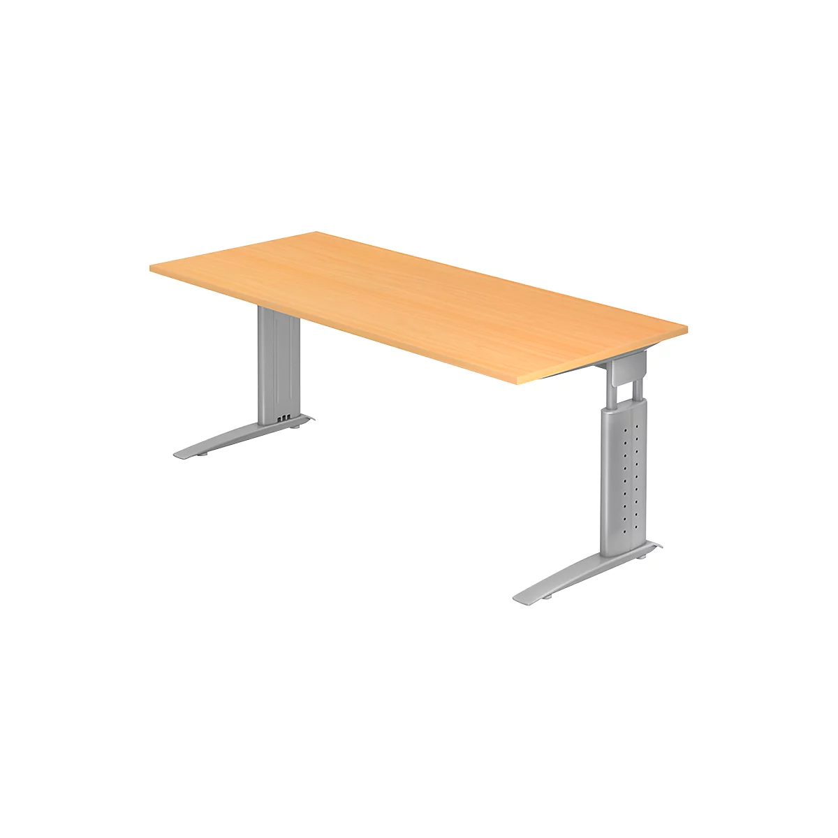 Bureau TARVIS, pieds en C, rectangulaire, l. 1800 mm, armature argentée, hauteur ajustable, coloris hêtre