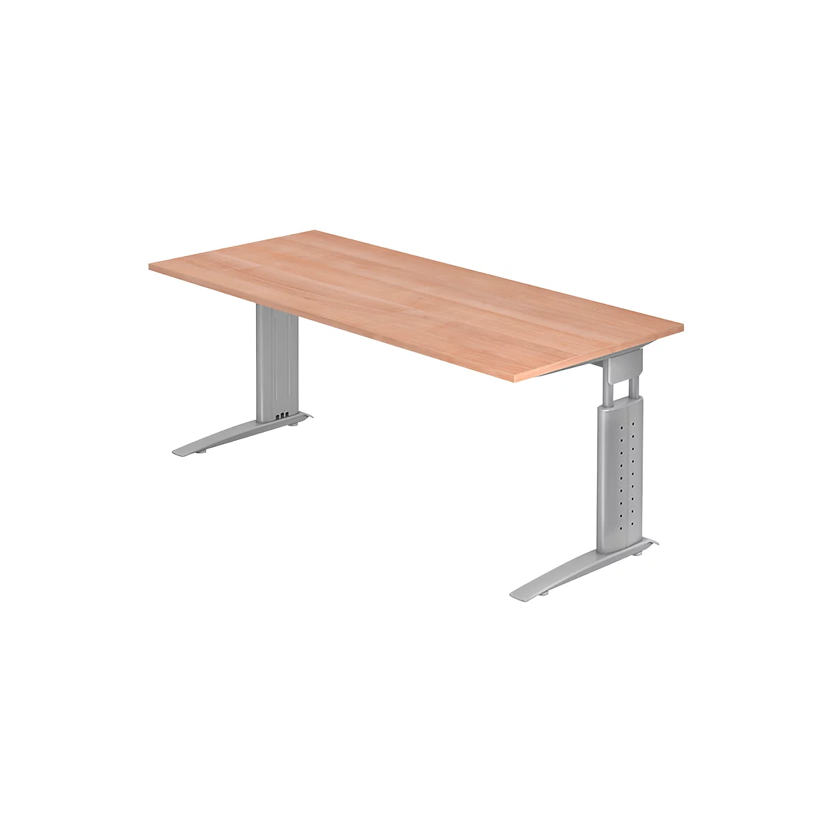 Bureau TARVIS, pieds en C, rectangulaire, l. 1800 mm, armature argentée, hauteur ajustable, coloris noyer