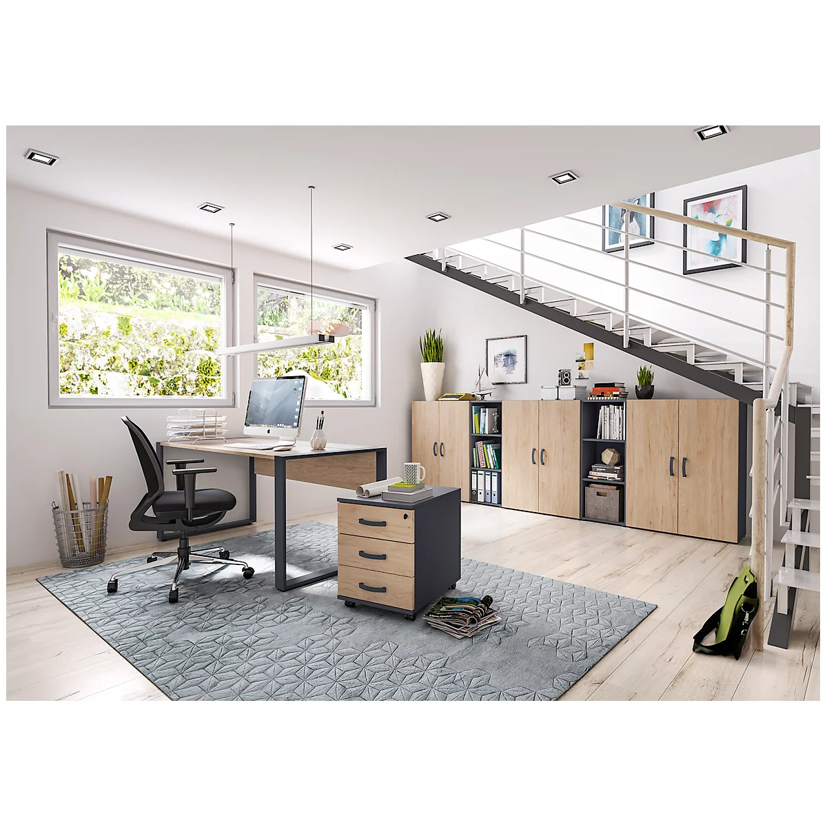 Bureau TEMPIO - l. 1200 x P 800 x H 740 mm - avec support pour guide-câbles - chêne Hickory/anthracite