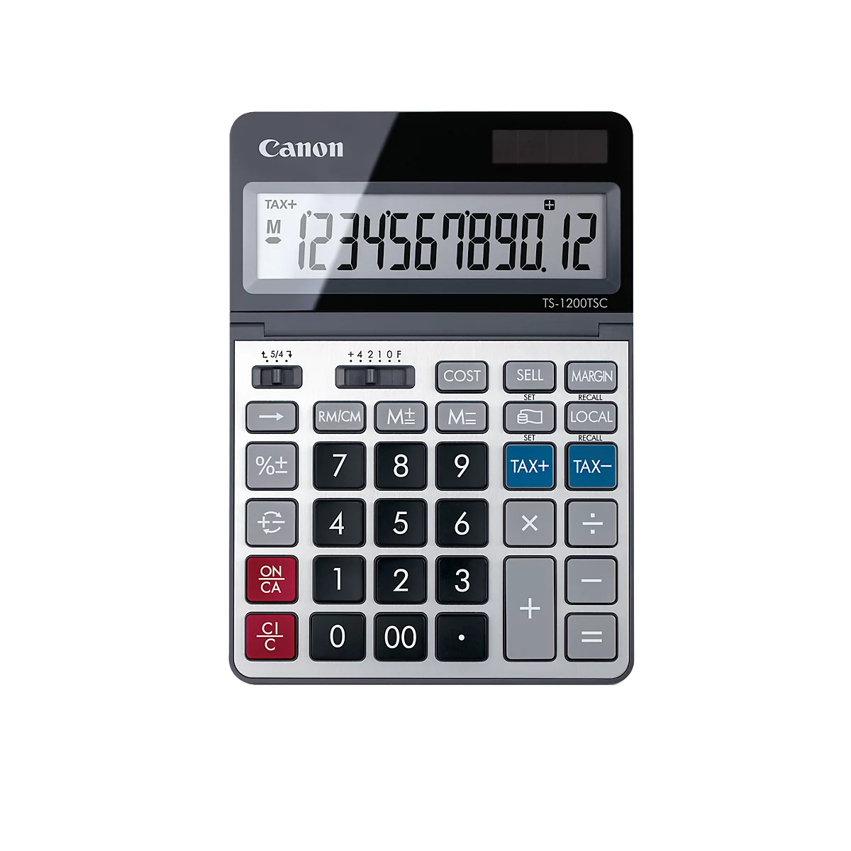 Bureaurekenmachine Canon TS-1200TSC, 12-cijferig en uitklapbaar LCD-scherm, met valutaomrekening, werkt op zonne-energie en batterijen, kunststof en metaal, zilver