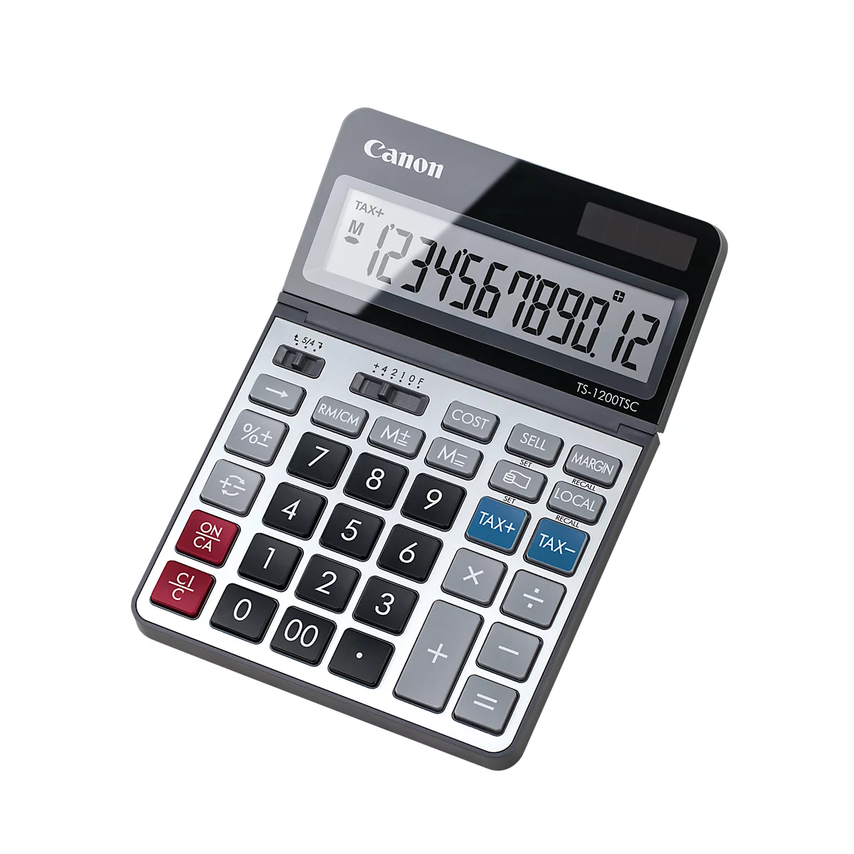 Bureaurekenmachine Canon TS-1200TSC, 12-cijferig en uitklapbaar LCD-scherm, met valutaomrekening, werkt op zonne-energie en batterijen, kunststof en metaal, zilver