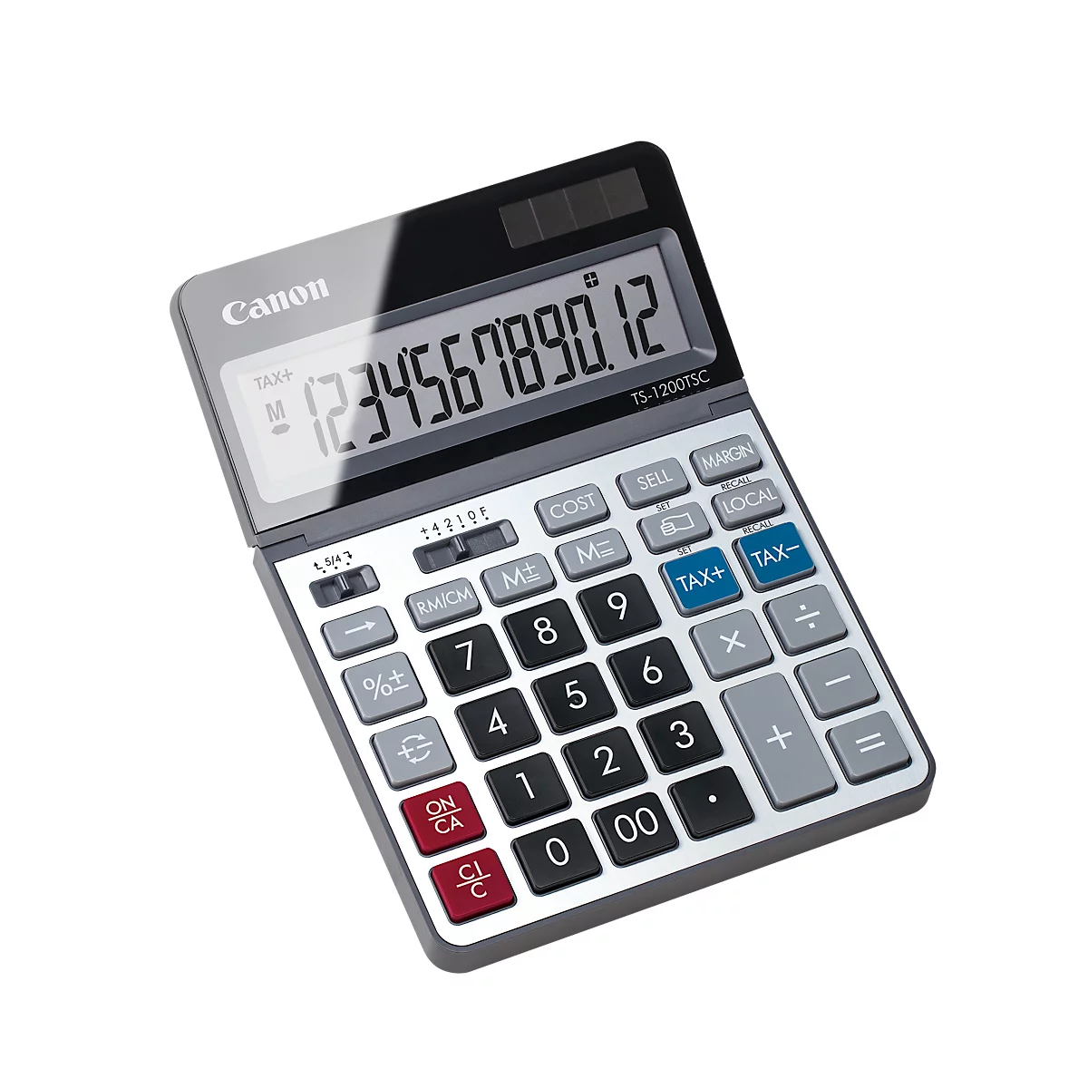 Bureaurekenmachine Canon TS-1200TSC, 12-cijferig en uitklapbaar LCD-scherm, met valutaomrekening, werkt op zonne-energie en batterijen, kunststof en metaal, zilver