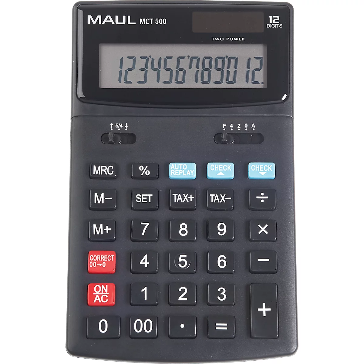 Bureaurekenmachine MAUL MCT500, 12 cijfers, Belasting, Chec &amp; Correct, werkt op zonne-energie en batterijen, B 107 x D 174 x H 22 mm, zwart