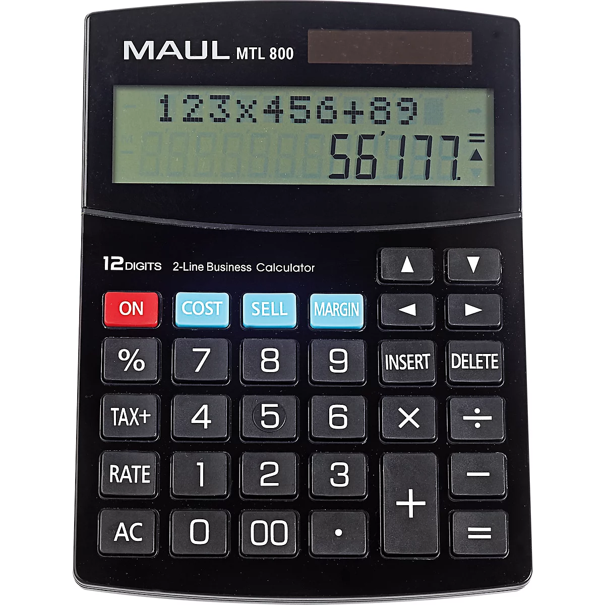 Bureaurekenmachine MAUL MTL800, 12 cijfers, 2 regels, zakelijke functies, werkt op zonne-energie en batterijen, B 140 x D 190 x H 30 mm, zwart
