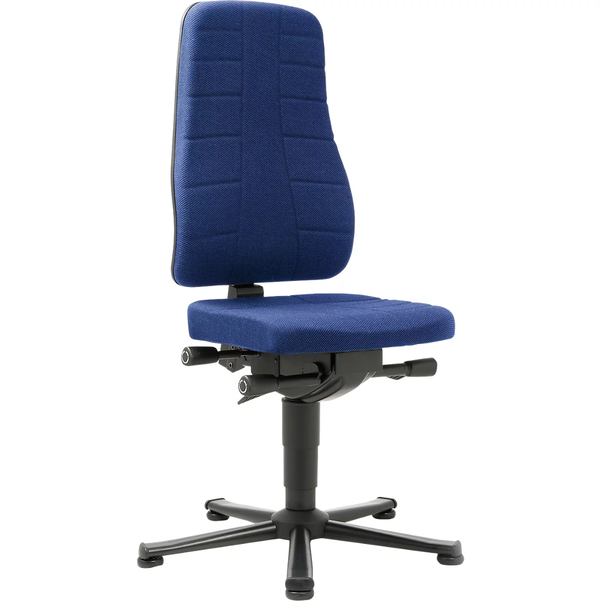Blauwe, ergonomische bureaustoel met hoge rugleuning, zwart onderstel en verstelhendels.