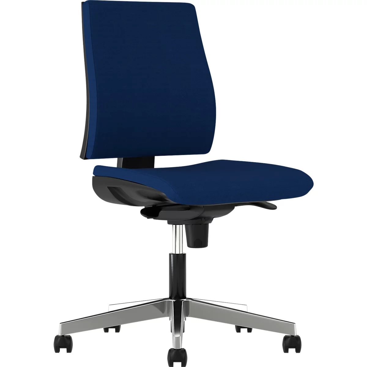 Bureaustoel INTRATA, synchroonmechanisme, zonder armleuningen, kuipzitting met knierol, tot 110 kg, aluminium, blauw