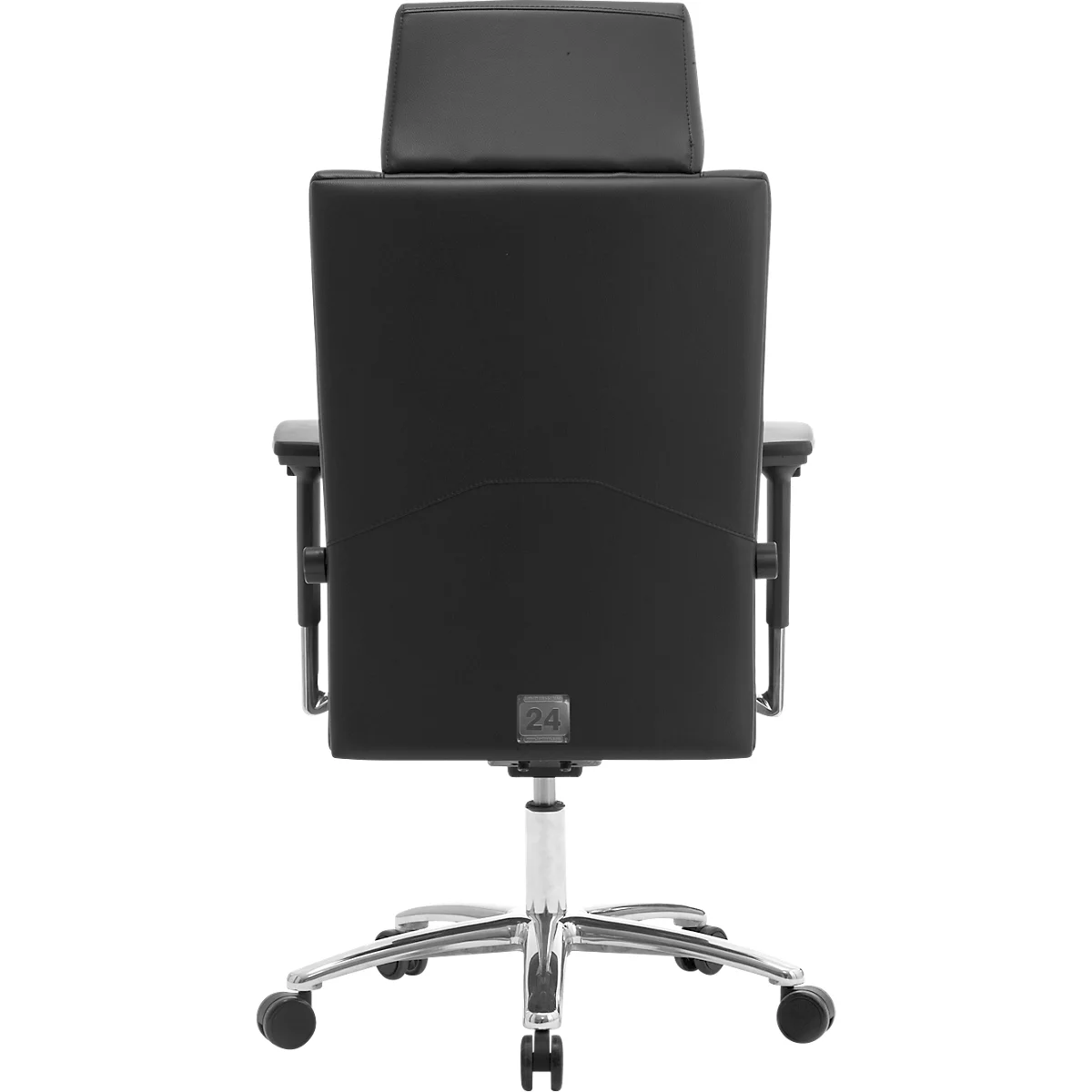 Zwarte bureaustoel van achteren. Hoofdsteun, rugleuning, armleuningen, rolvoet en chroom frame.