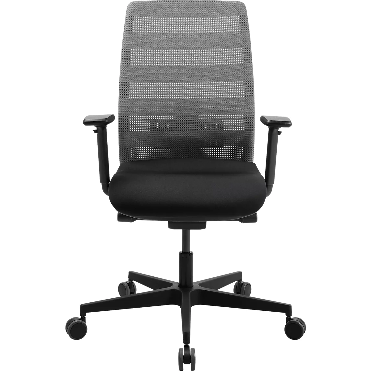 Bureaustoel met zwart frame, zitting en armleuningen, grijze mesh rugleuning.