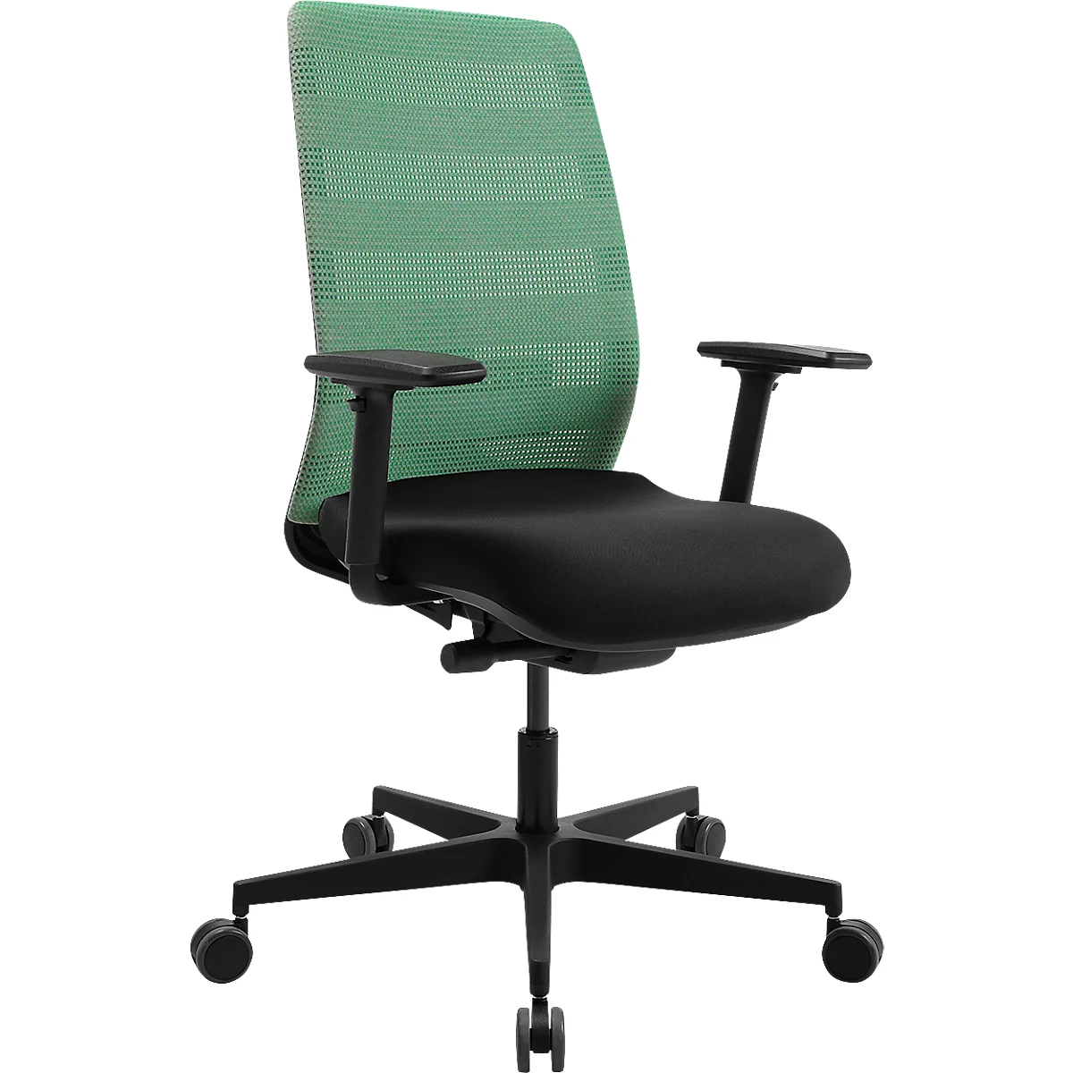 Bureaustoel met groene rugleuning van gaas, zwarte zitting en armleuningen. Zwart frame met wielen.