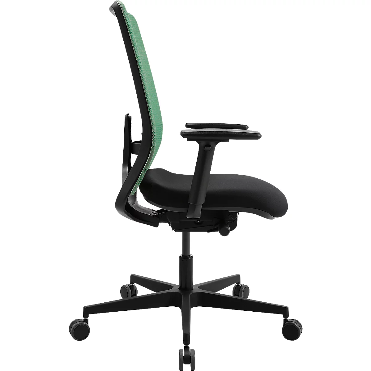 Zijaanzicht van een ergonomische bureaustoel. De groene mesh rug staat in contrast met de zwarte zitting en het frame. Wielen aan de voet.