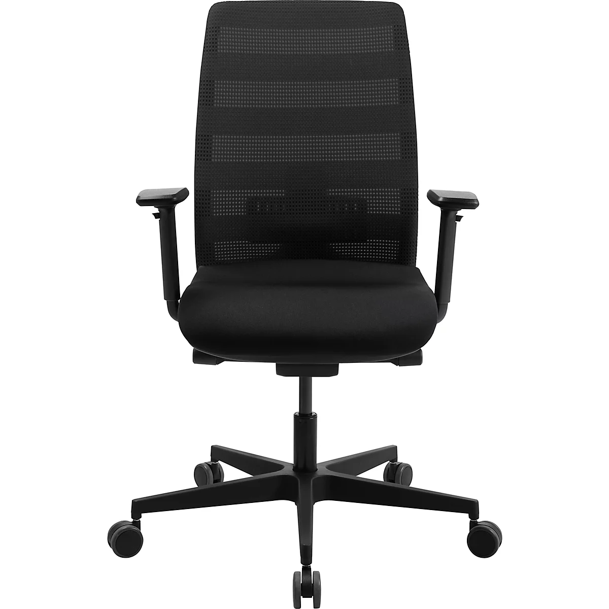 Zwarte bureaustoel tegen een neutrale achtergrond. Hij heeft een mesh rugleuning, armleuningen en wieltjes.