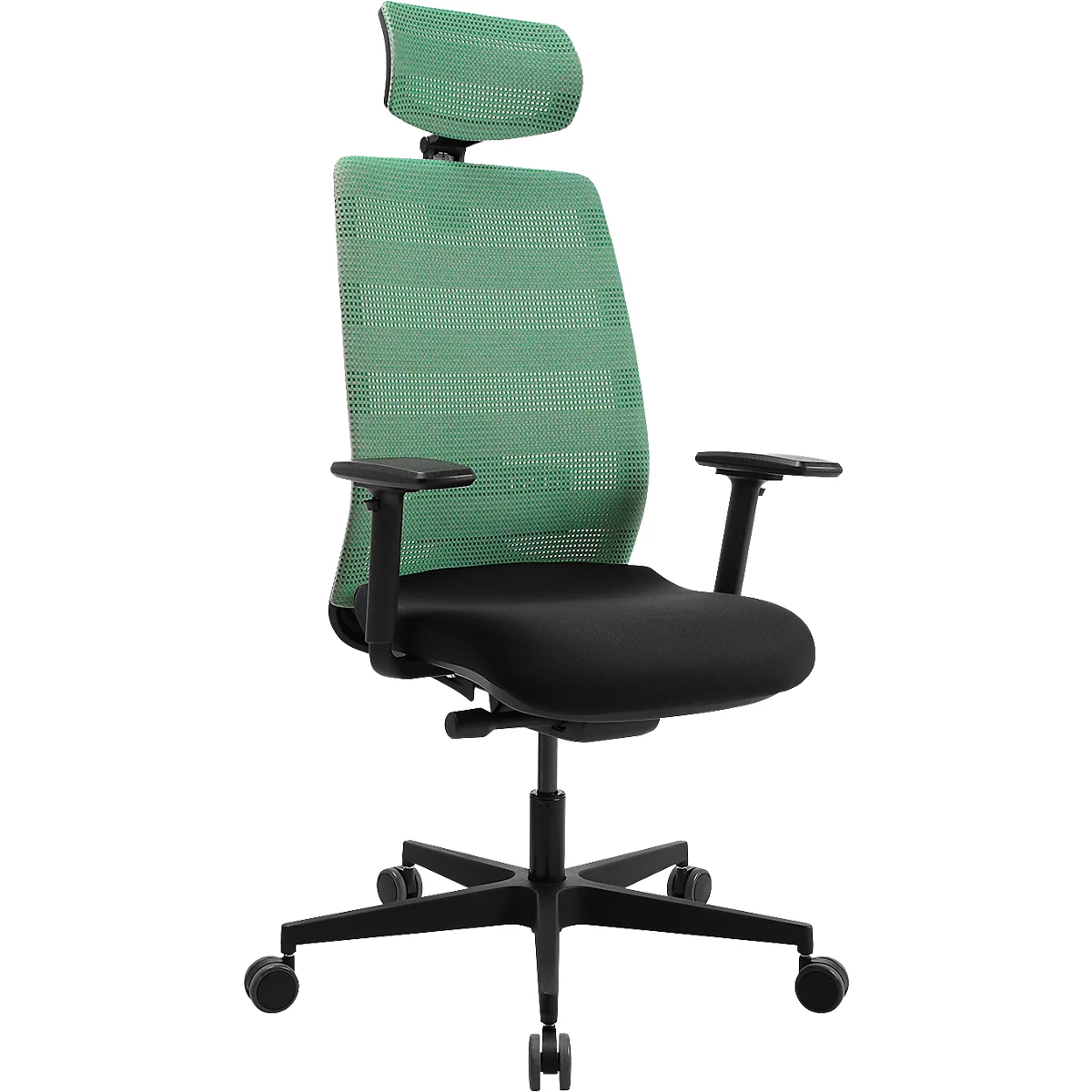 Bureaustoel met groene mesh rug, zwarte zitting en wielen.