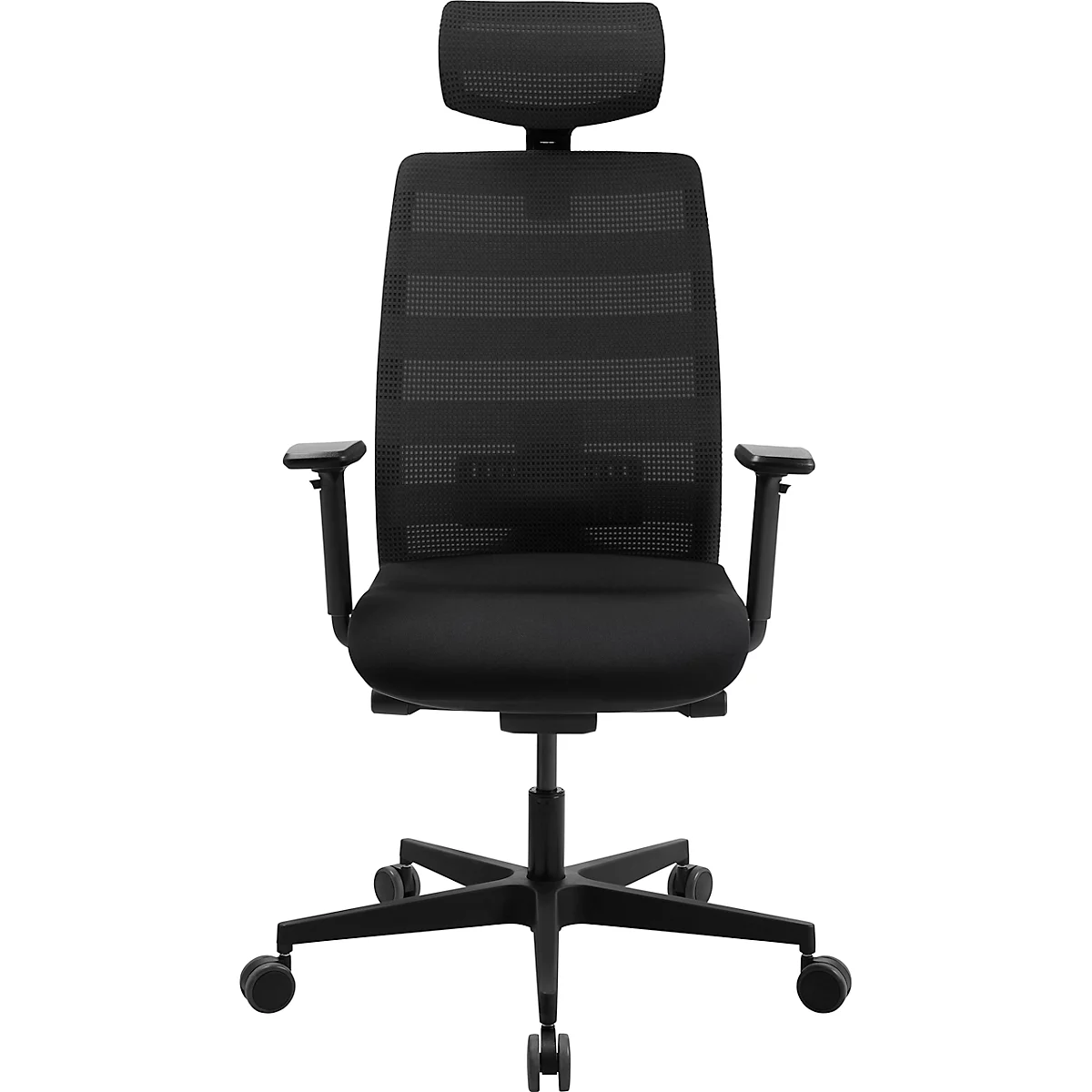 Zwarte bureaustoel met mesh rugleuning, hoofdsteun en wielen.