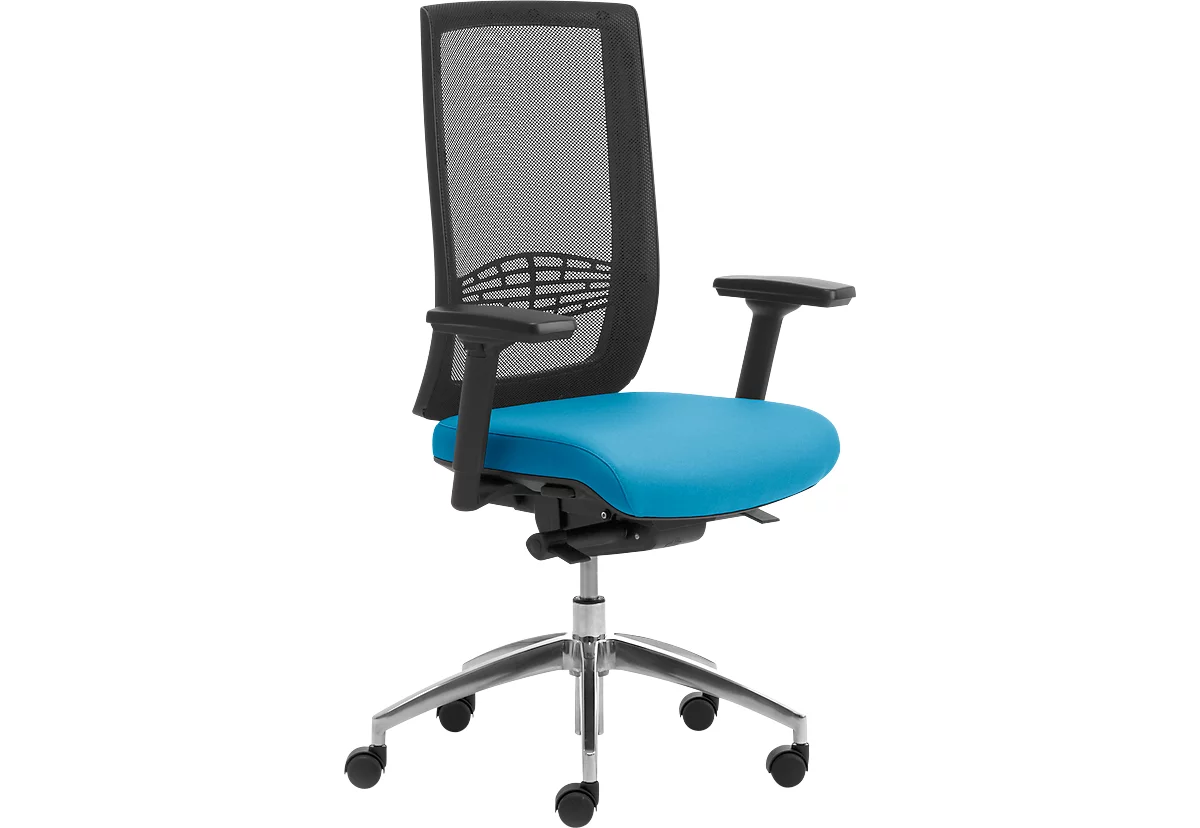 Bureaustoel WIKI, met armleuningen, netrug, frame van gepolijst aluminium, lichtblauw