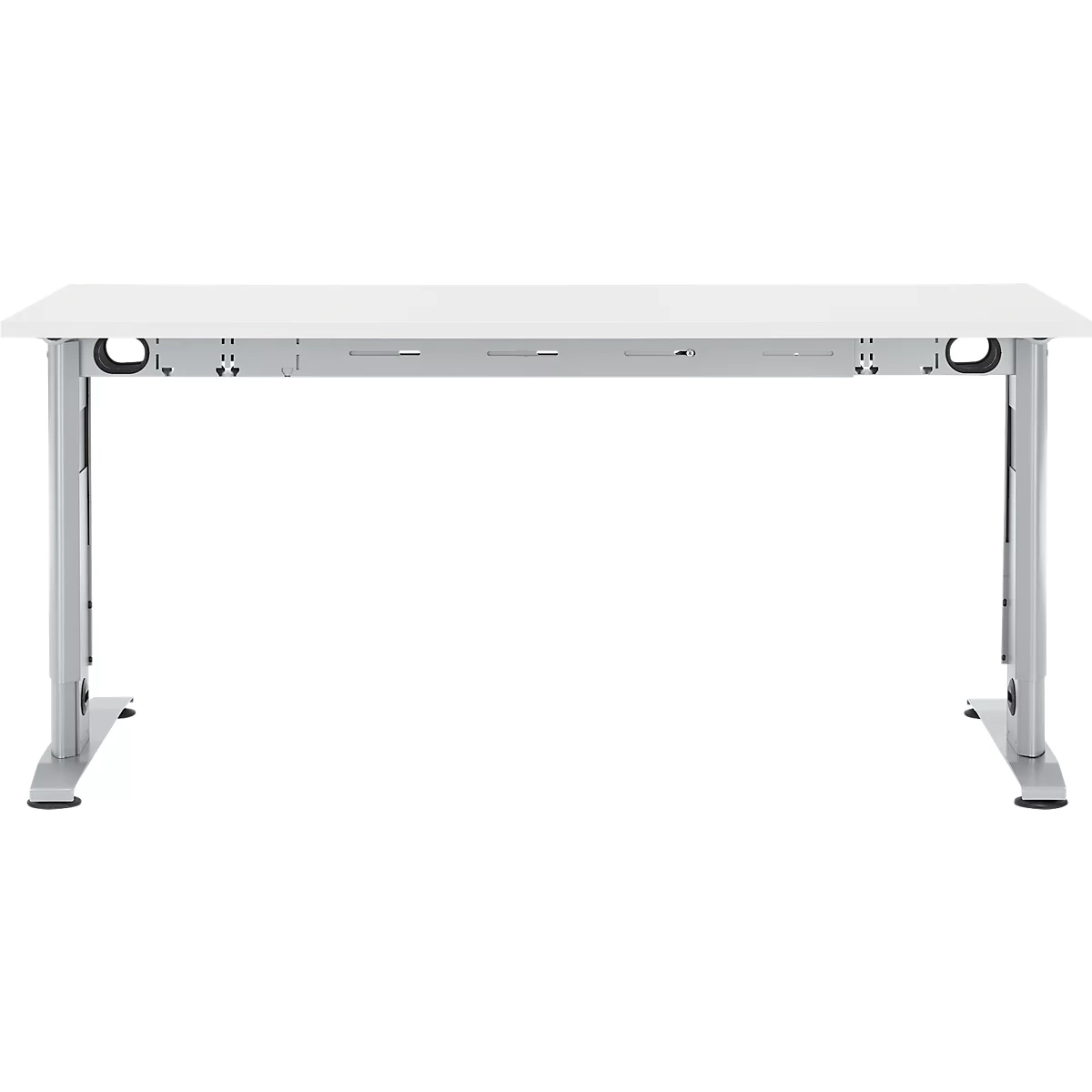 Een witte rechthoekige bureau zonder items. Zilveren poten, metalen stutten. Het bureau staat voor een witte achtergrond.