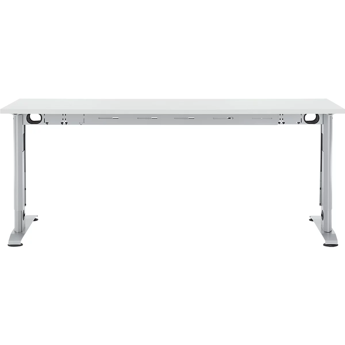 Een witte, rechthoekige bureau met zilveren poten en twee kabeldoorvoergaten.