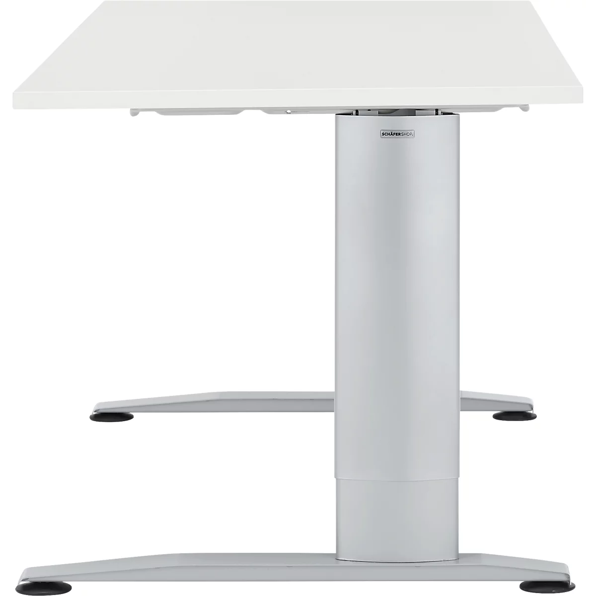 Een in hoogte verstelbaar bureau met een wit tafelblad en een zilverkleurig frame.