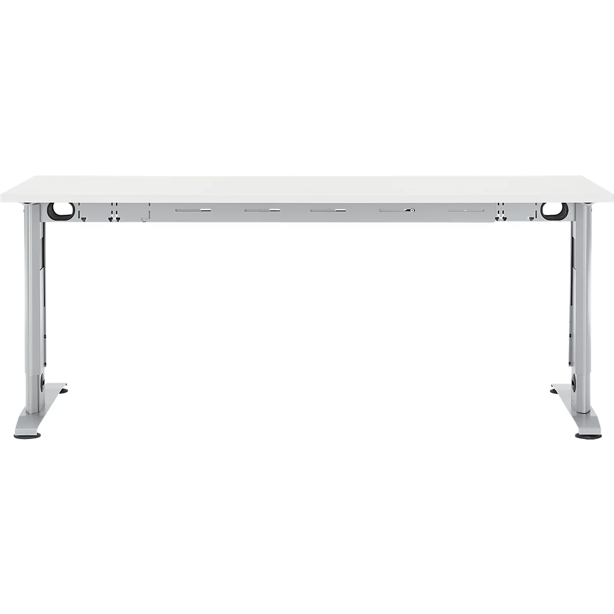 Witte bureau met zilveren poten. Metalen spanten zijn zichtbaar onder het tafelblad.