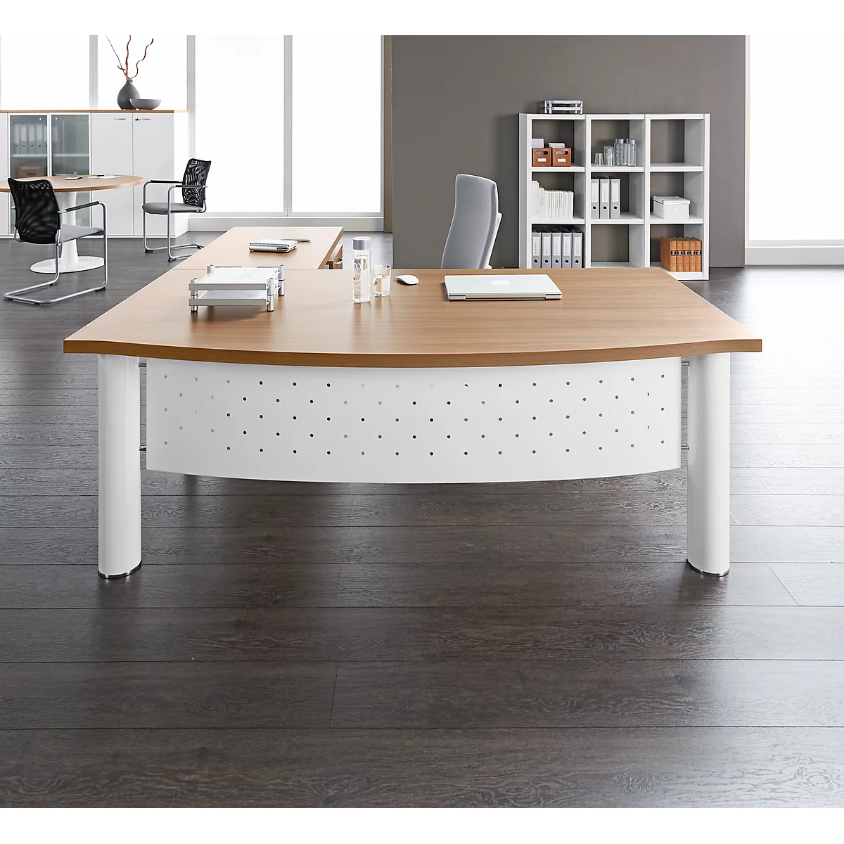 Bureautafel met sideboard X-TIME-WORK, 4-poot, boog, B 2000 x D 900 x H 740 mm, Canaletto notenpatroon/wit