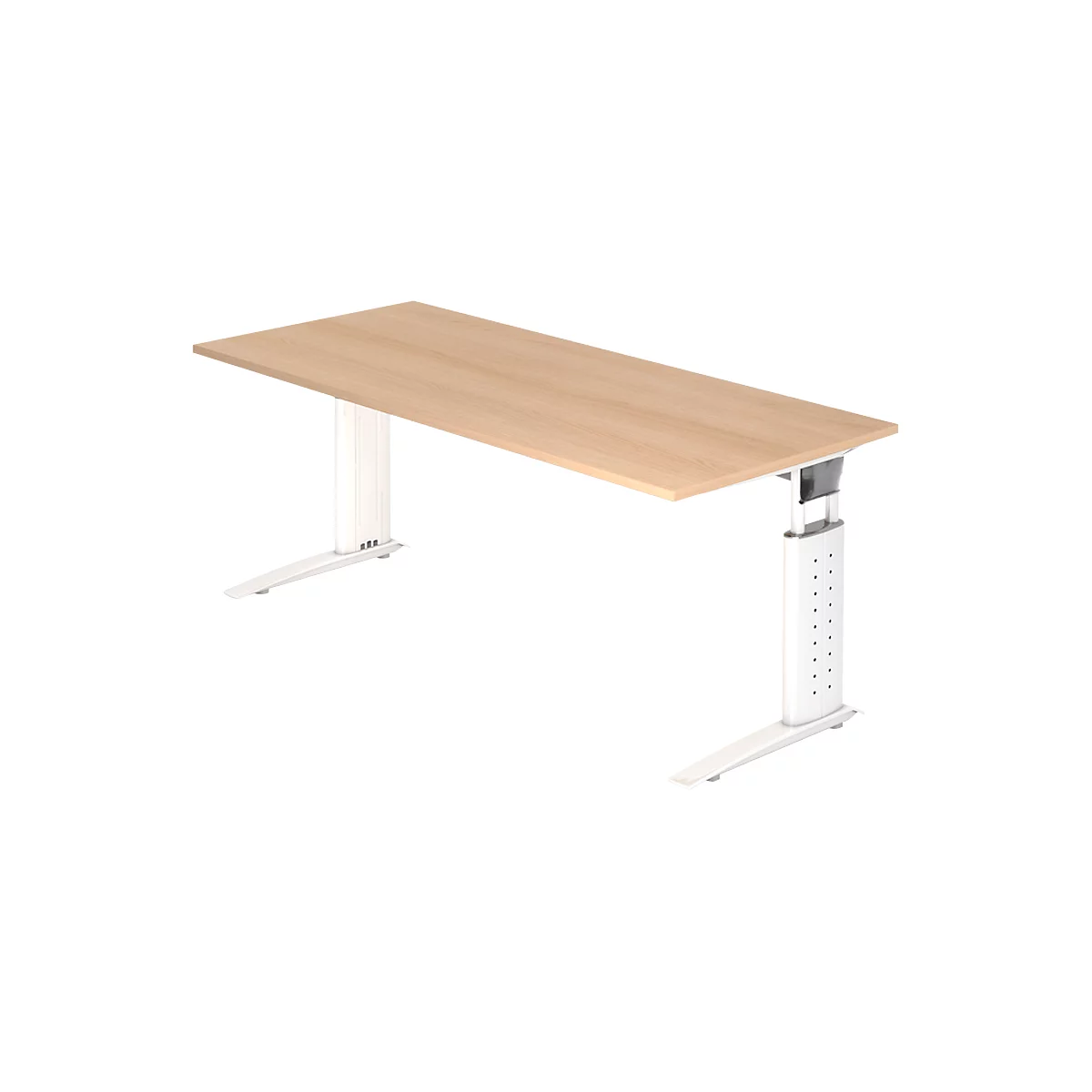 Lichtbruine bureau met witte, in hoogte verstelbare poten, tegen een witte achtergrond. Het tafelblad is rechthoekig.