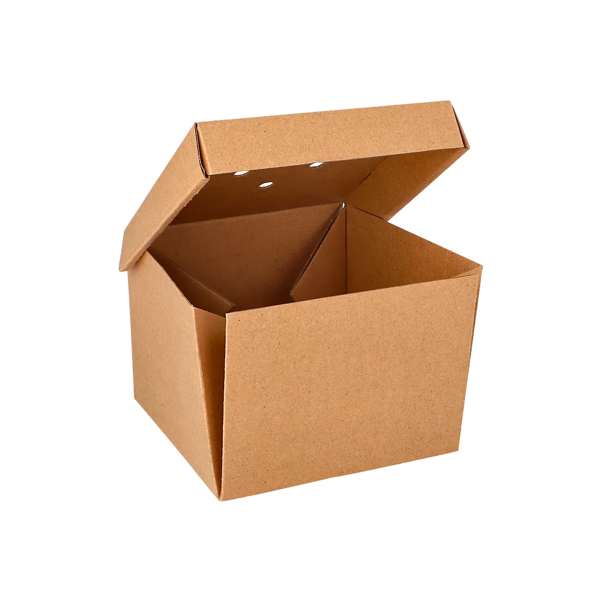 Geöffnete braune Kartonbox, Deckel halb geöffnet, mit Löchern.