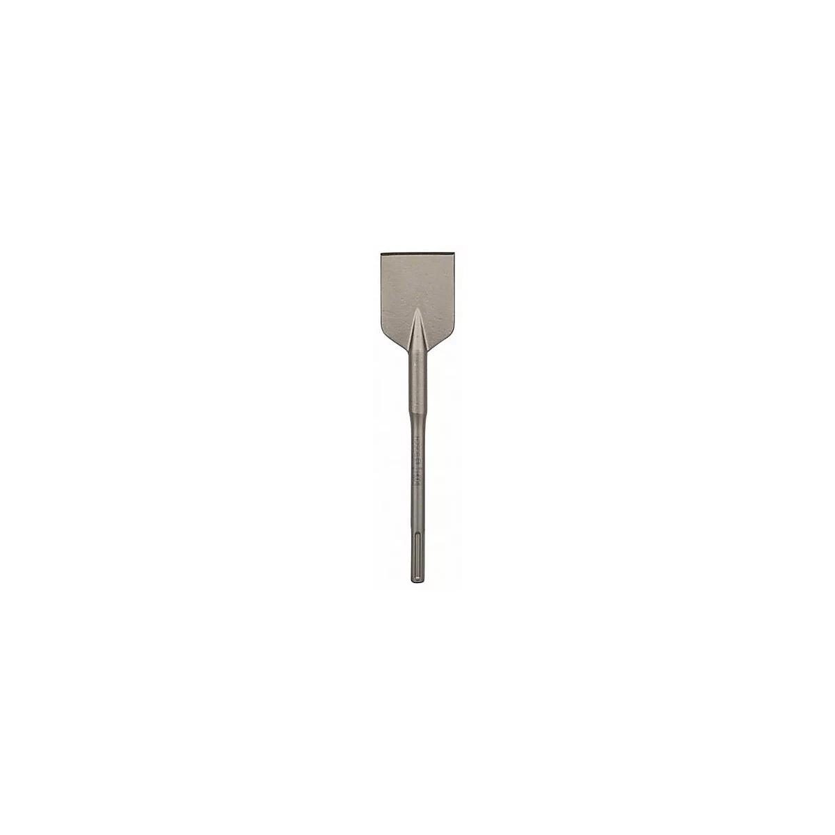 Ciseau gris avec un tranchant large et rectangulaire. Il possède une tige allongée et un support rectangulaire.