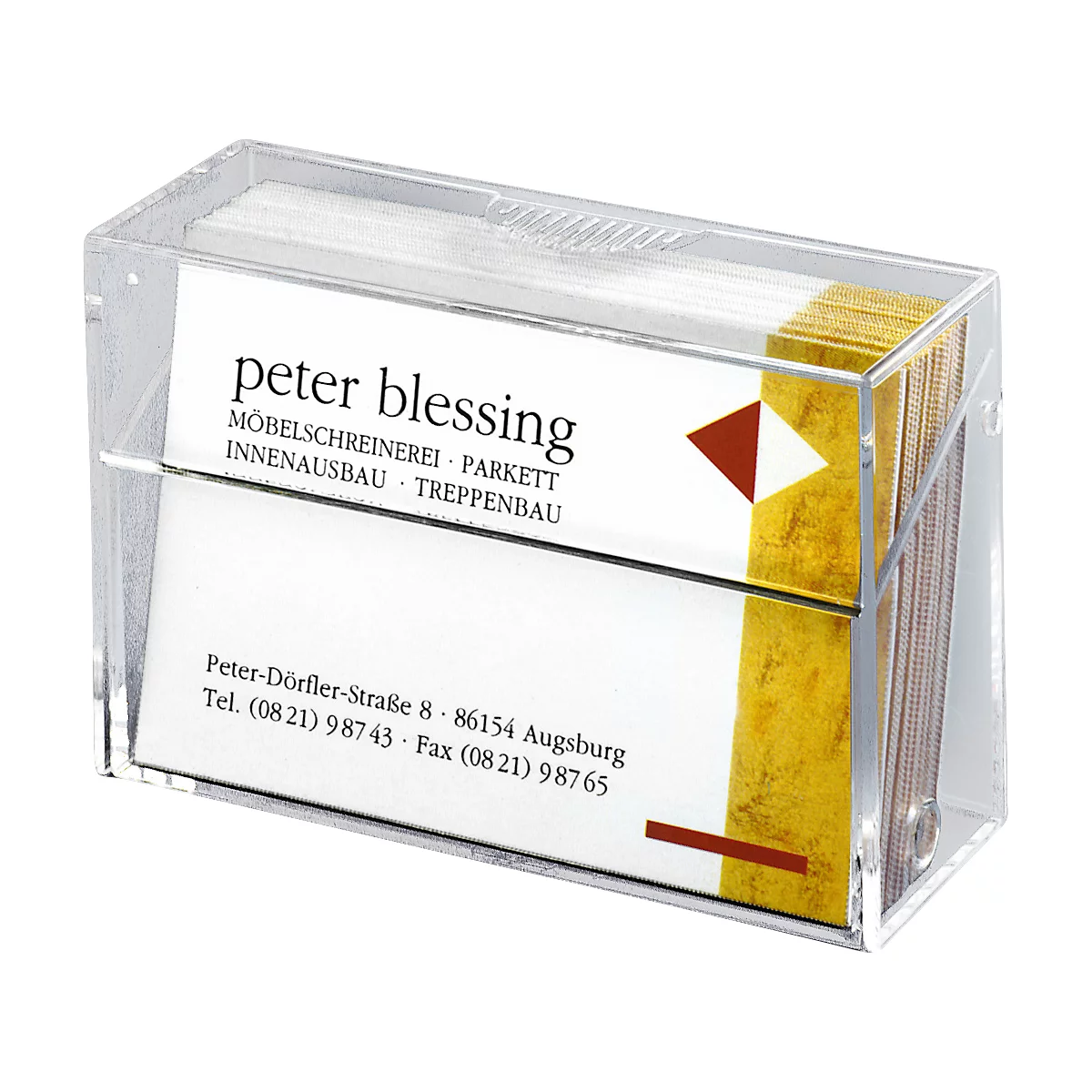 Plexiglass business card holder with business cards of the company Peter Blessing.