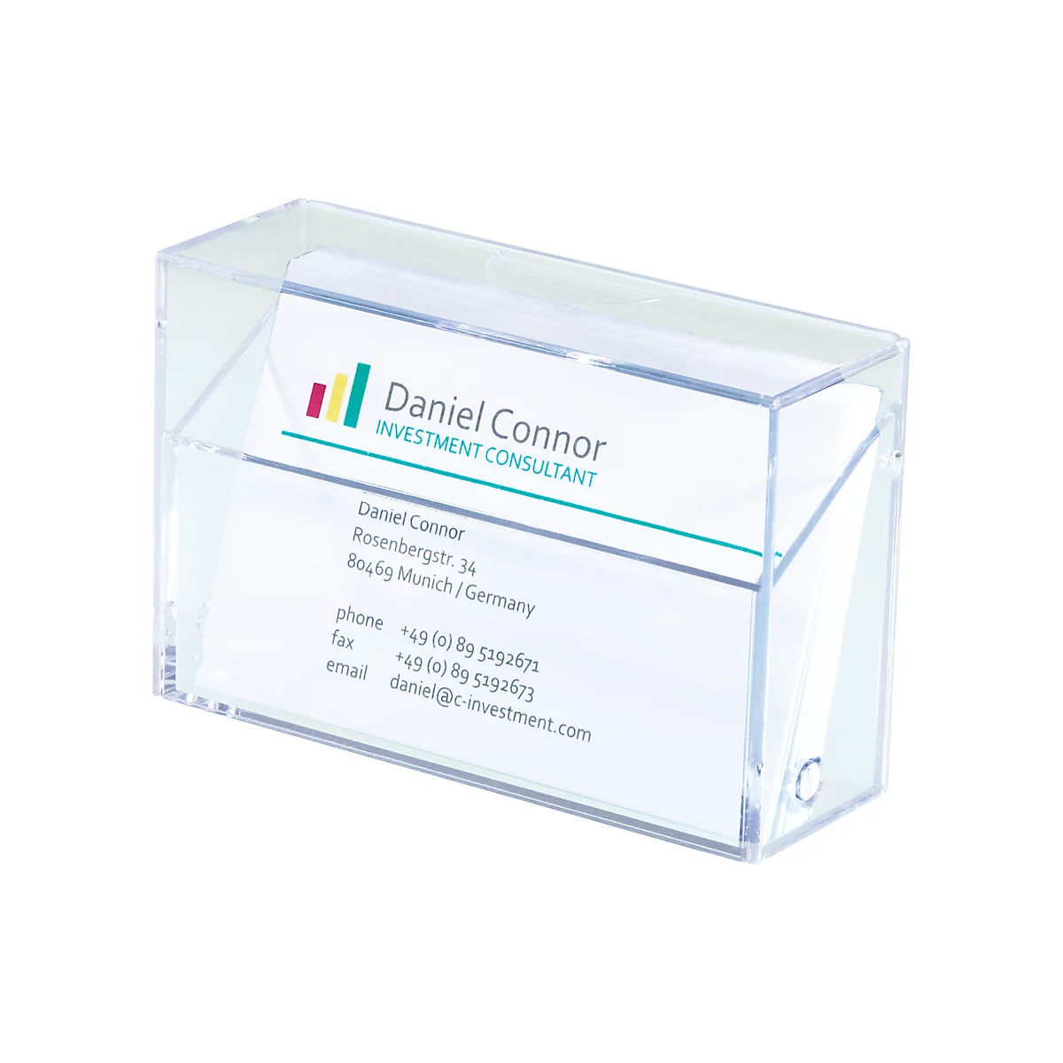 Transparent business card holder with business cards. On a card: Daniel Connor, Investment Consultant.