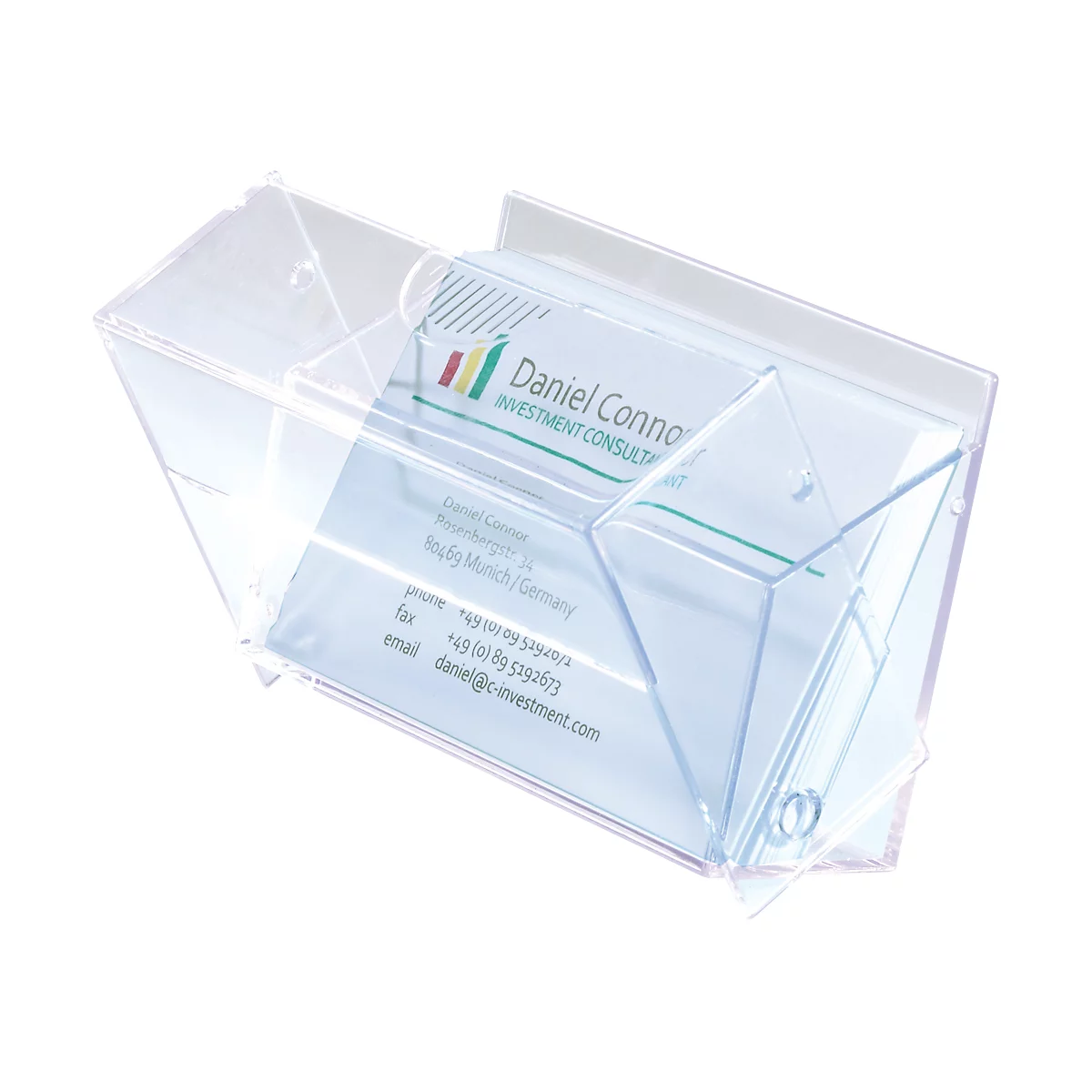 Transparent business card holder with a Daniel Connor business card. The holder is mounted on the wall.