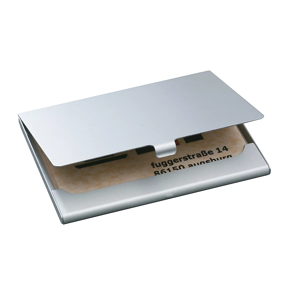 Silver business card holder, open with business cards. The card reads 'fucggerstraße 14 86150 augsburg'.