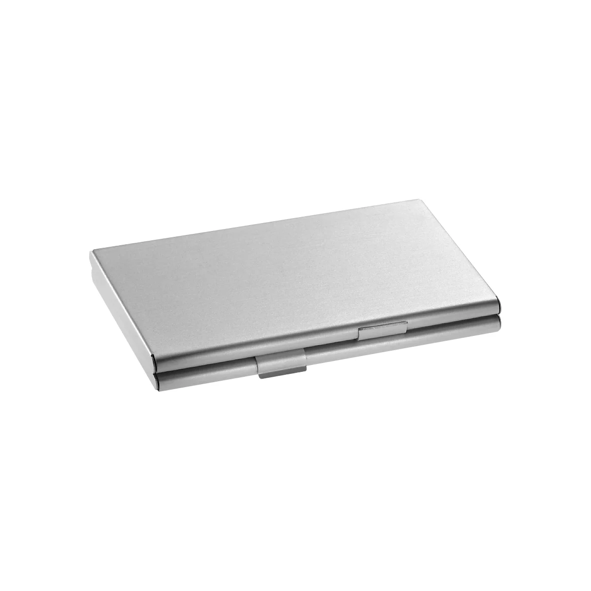 Silver, rectangular business card case with folding clasp. Top and bottom half form a unit.