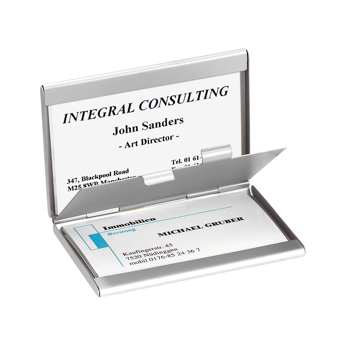 Open silver business card case filled with cards. Printed names and contact details.