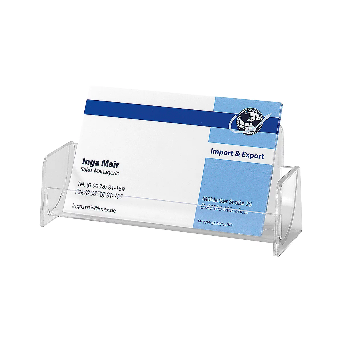 Clear plastic business card holder with a business card displaying the name "Inga Mair" and contact information.
