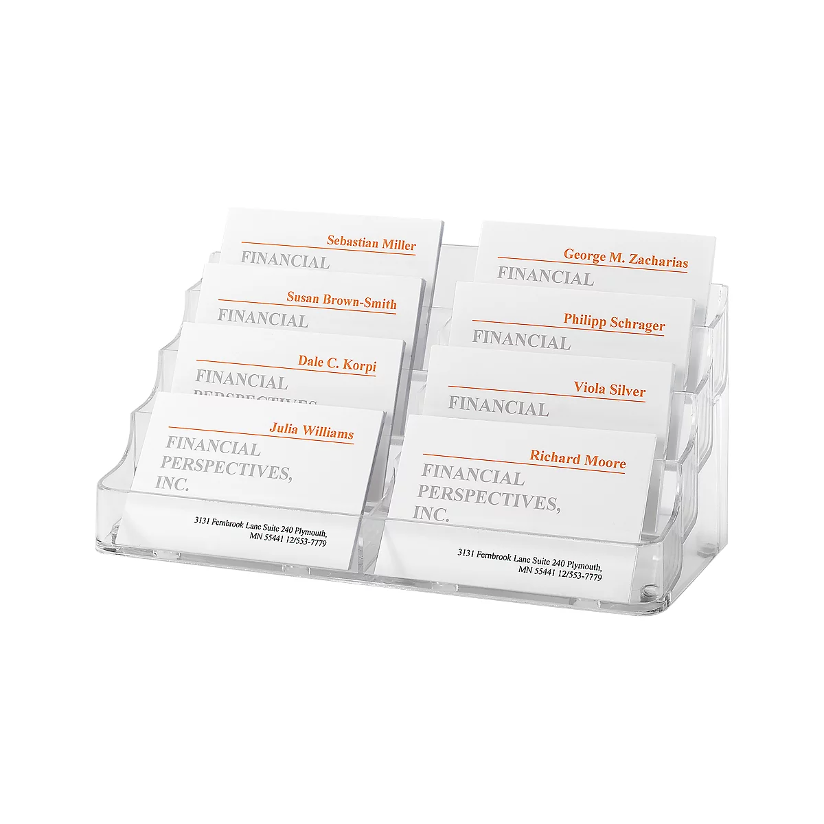 Clear, transparent business card holder with multiple cards. Cards with names and company logo.