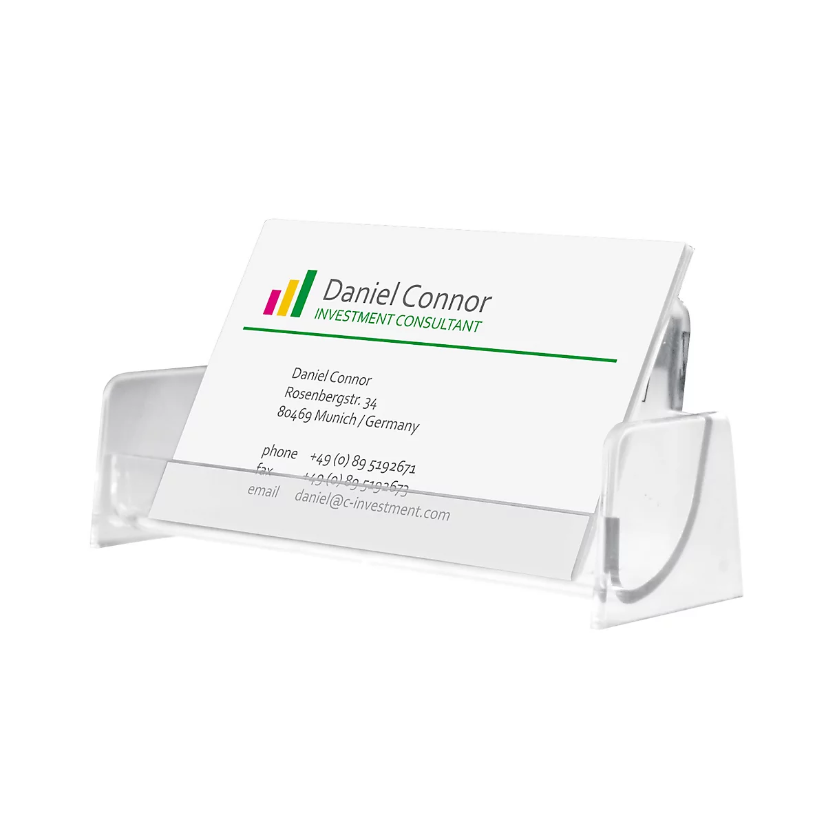 Transparent business card holder with a business card. The card says "Daniel Connor, Investment Consultant".