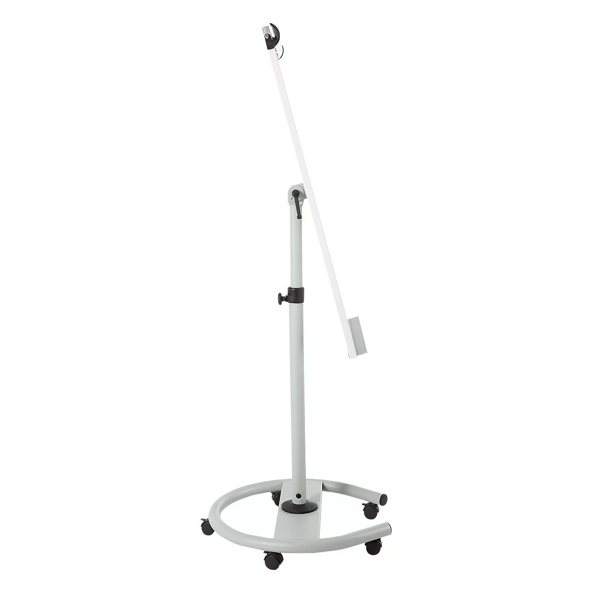 A white flipchart on wheels with an oblong, angled board surface.