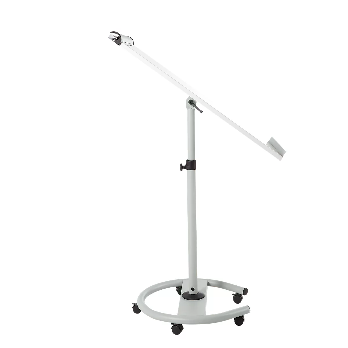 A white, height-adjustable stand-up desk with castors. The shelf is sloped.