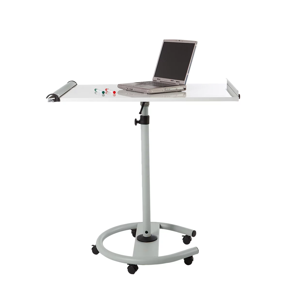Grey laptop on a height-adjustable side table with castors. There are pins on the table top.