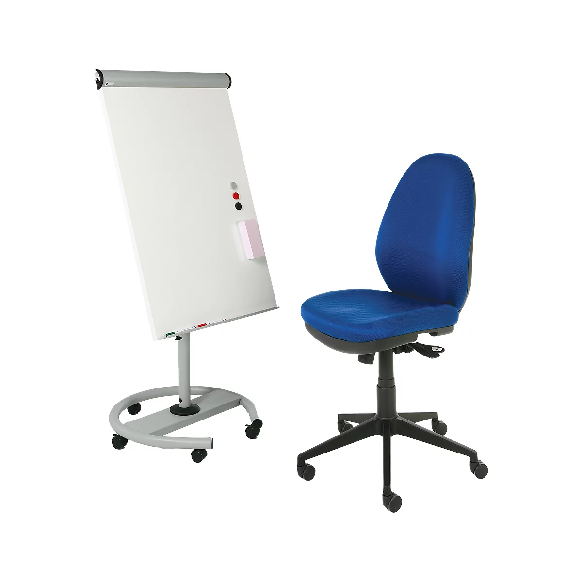 Whiteboard and blue office chair. The whiteboard stands on a silver frame with wheels. The chair has a black frame and wheels.