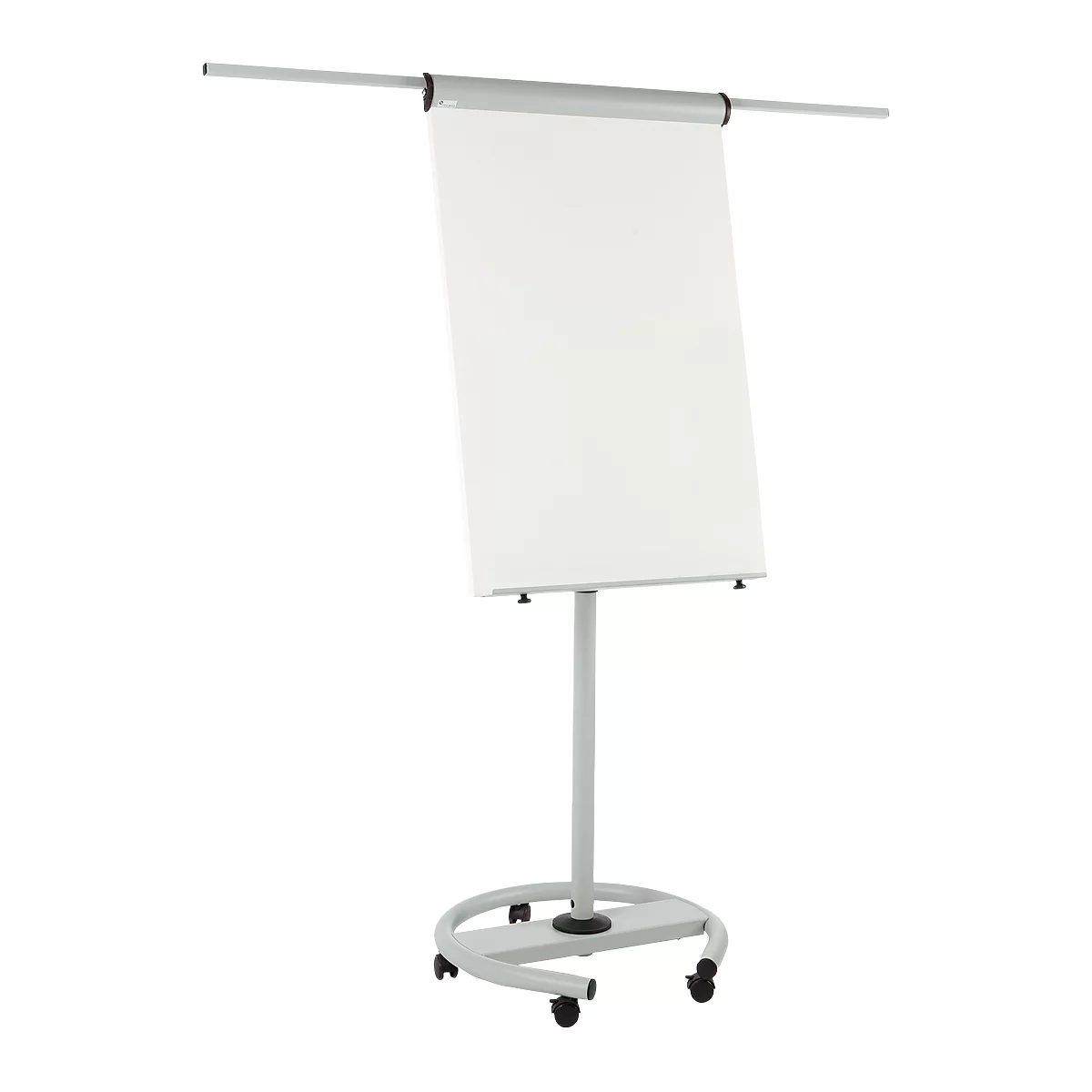 A white flip chart with a gray stand and wheels. The top edge has a silver holder, the paper is blank.