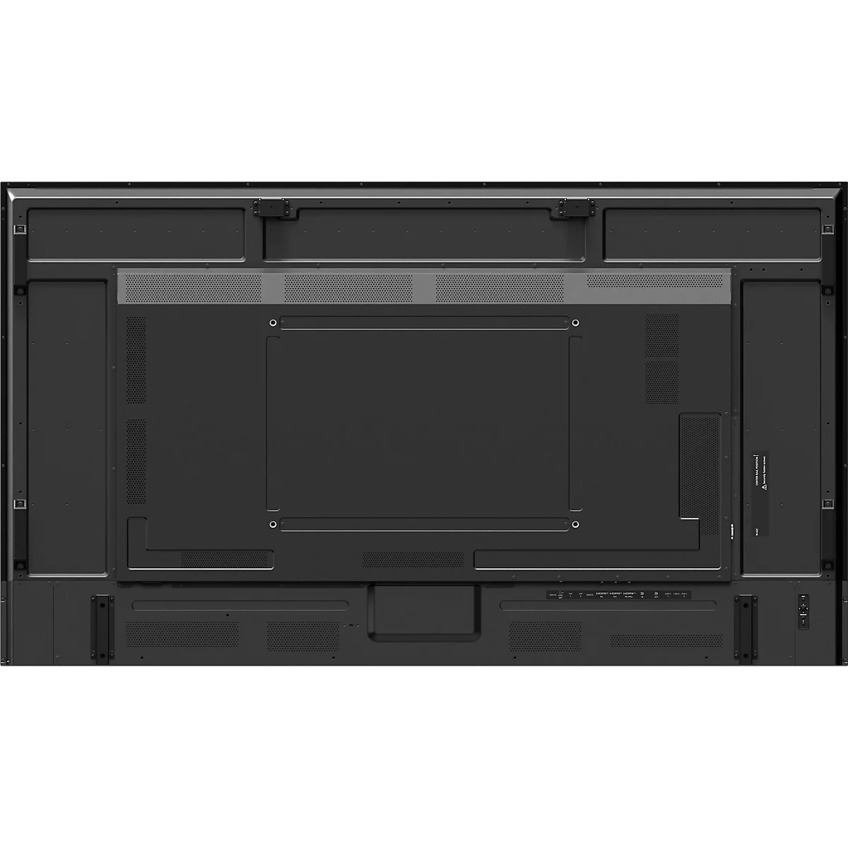 Rückseite eines großen, dunklen Bildschirms. Verschiedene Elemente und Strukturen sind erkennbar.