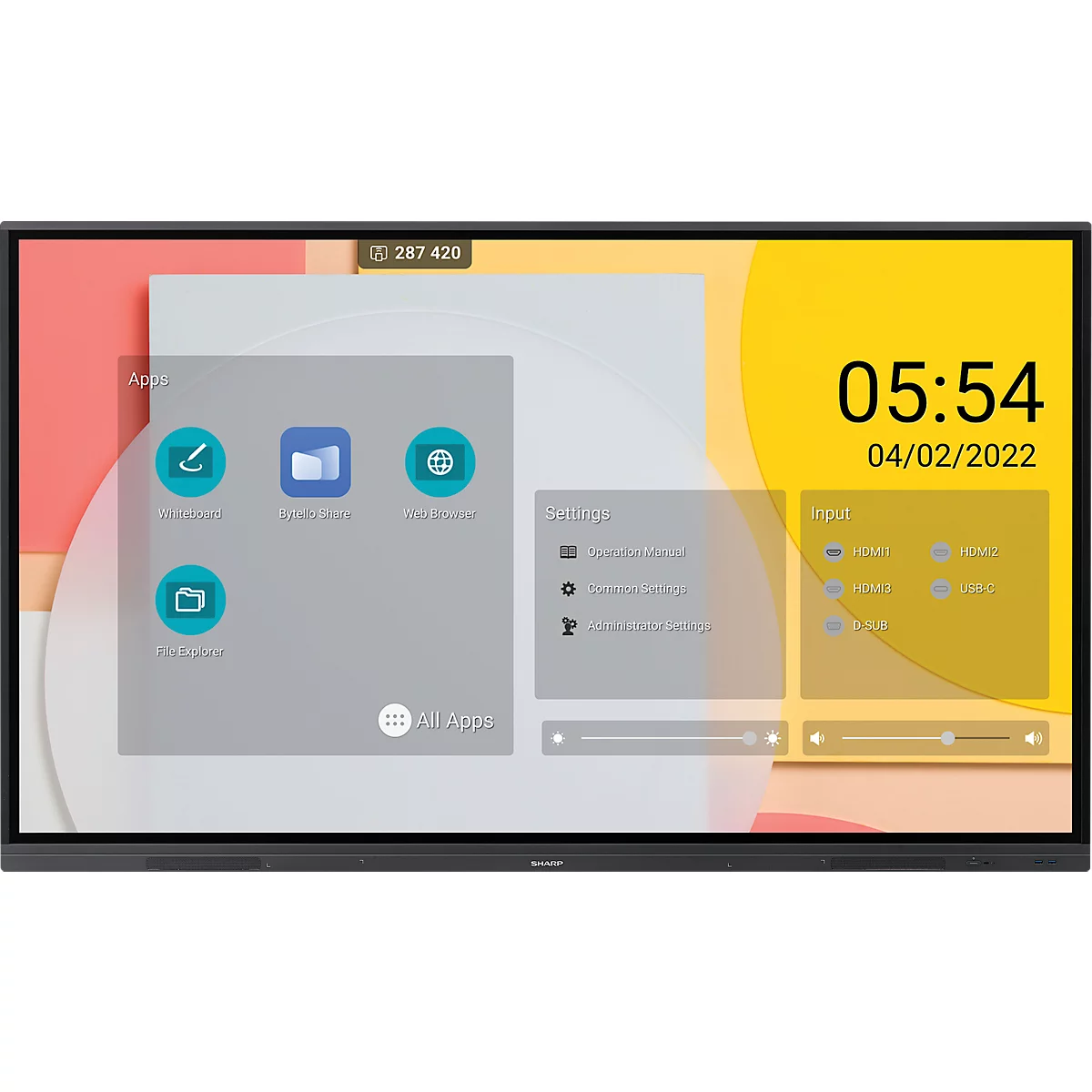 Business Monitor Sharp PN-L752B, Precision-Touch-Technologie, 75',3840 x 2160 px, HDMI/VGA/USB/LAN, 2 x 10 W, BYOD, integrierter Android-PC