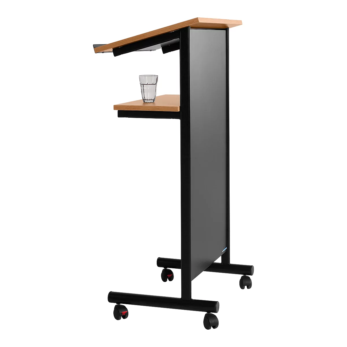 Lectern with shelf and glass, on castors. The lectern is black and wood-colored.