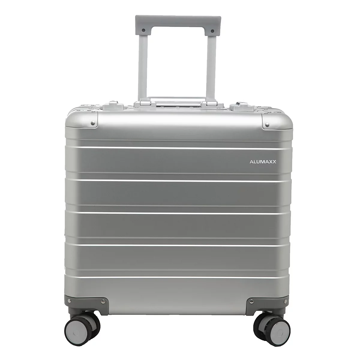 Valise argentée avec poignée extensible et roues sur fond blanc.