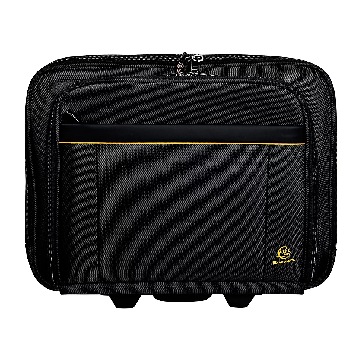 Black rolling bag with zipper and yellow trim. Logo on the front.