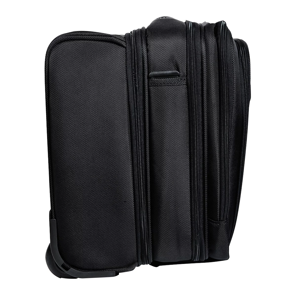 Black suitcase with wheels. Side view, zippers and handle visible.