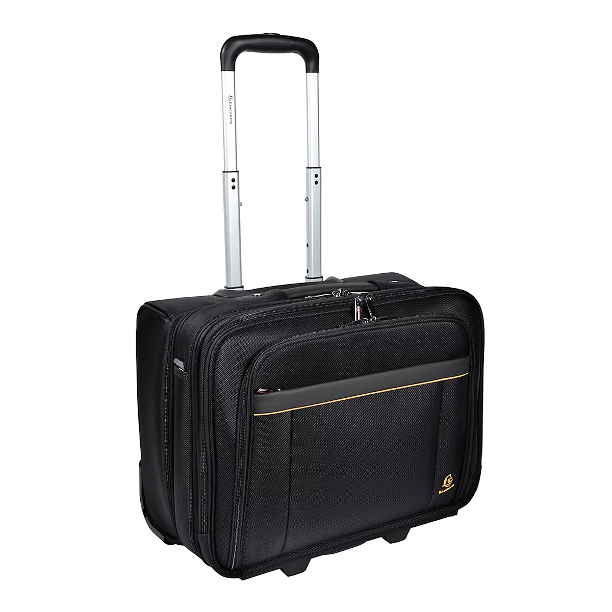 Black business trolley, extended telescopic handle, yellow decorative stripe.
